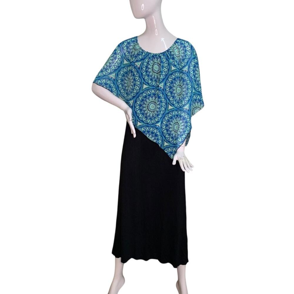 Ellen Parker Maxi Sleeveless Black Dress Asymmetric Overlay Mandala Print Size L